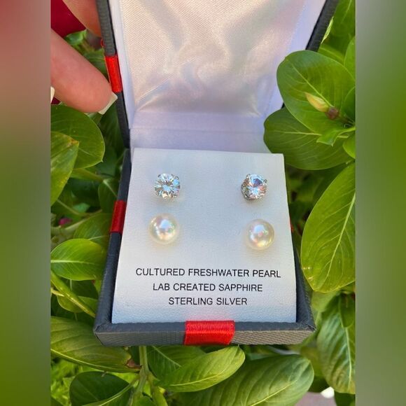 Cultured Freshwater Pearl Lab and Sapphire Earrings in the Sterling Silver - Picture 4 of 9